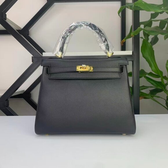 Handmade Handbags - Handmade Genuine Leather Kelly 25 Black Top Handle Bag